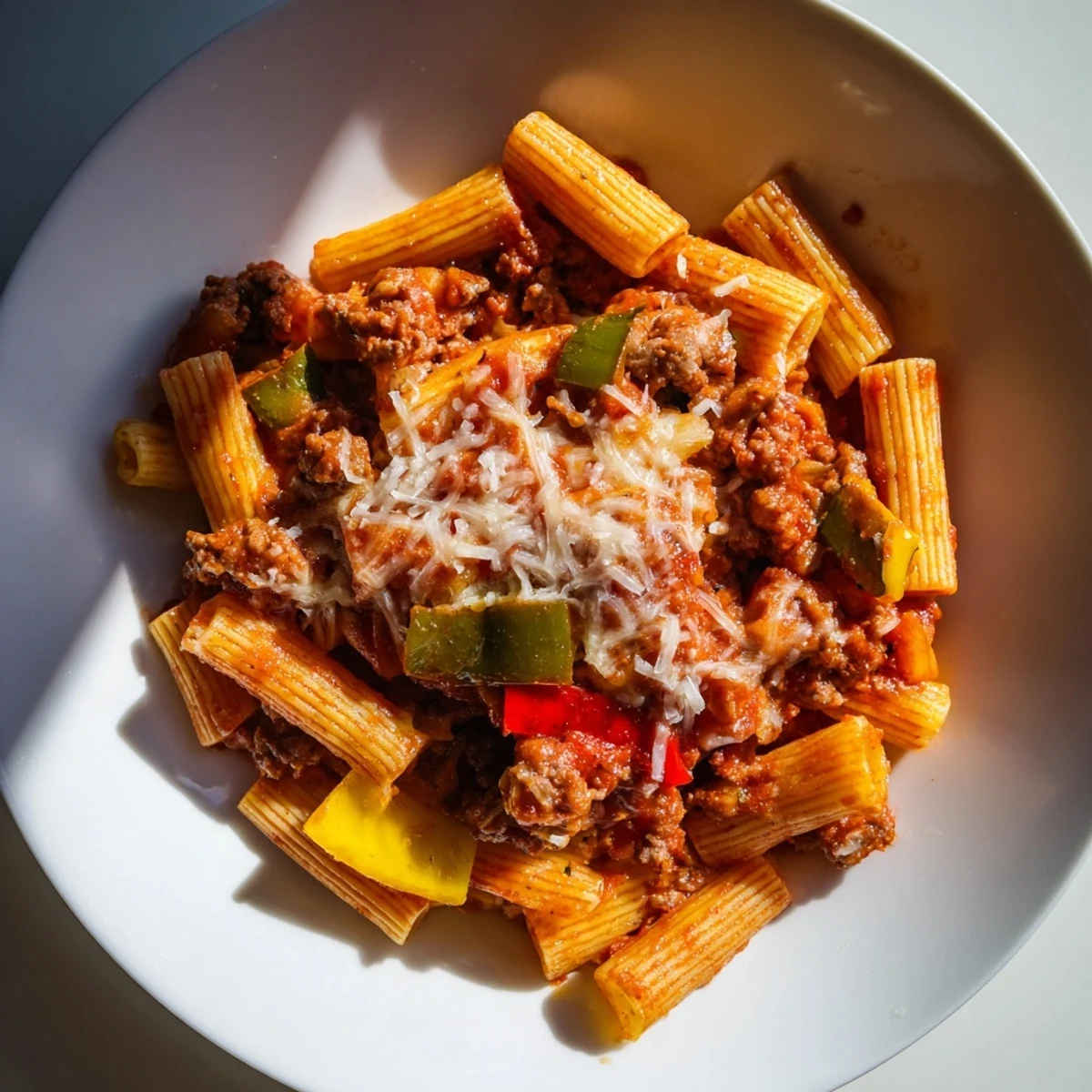 A close-up of golden brown Baked Rigatoni with Sausage & Peppers, ready for a delicious dinner.