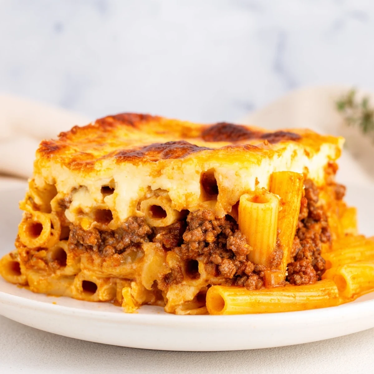 A close-up shot of a steaming, irresistible Pastitsio, showing the creamy béchamel topping.