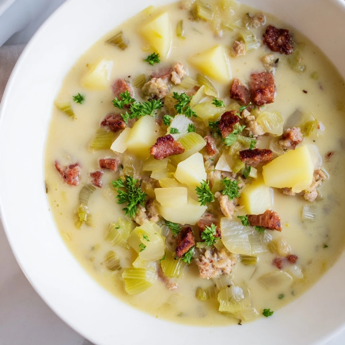 Creamy potato, leek & chorizo soup bowl, garnished with parsley and served with crusty bread.