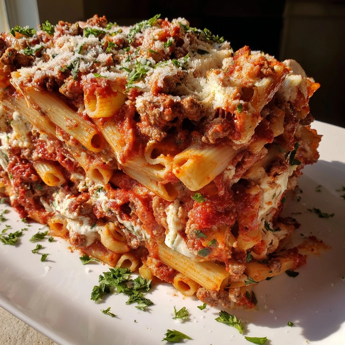 Golden, bubbling Baked Ziti with a rich meat sauce and melted mozzarella cheese.
