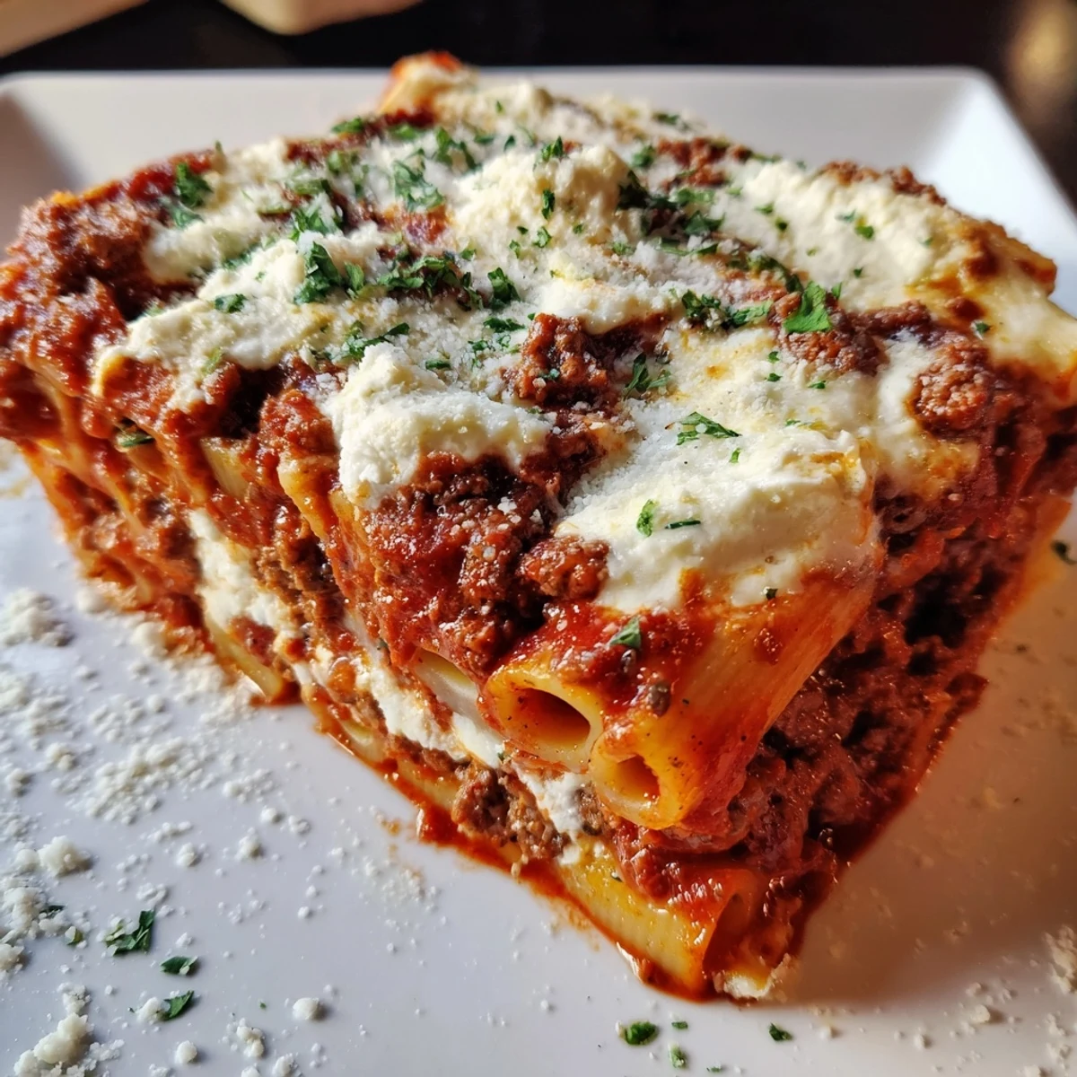 A close-up of cheesy, layered Baked Ziti, showcasing tender ziti pasta and savory meat.