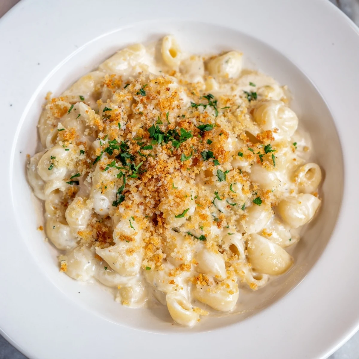 Golden-brown, bubbly truffle macaroni and cheese, a comforting baked dish with a rich aroma.