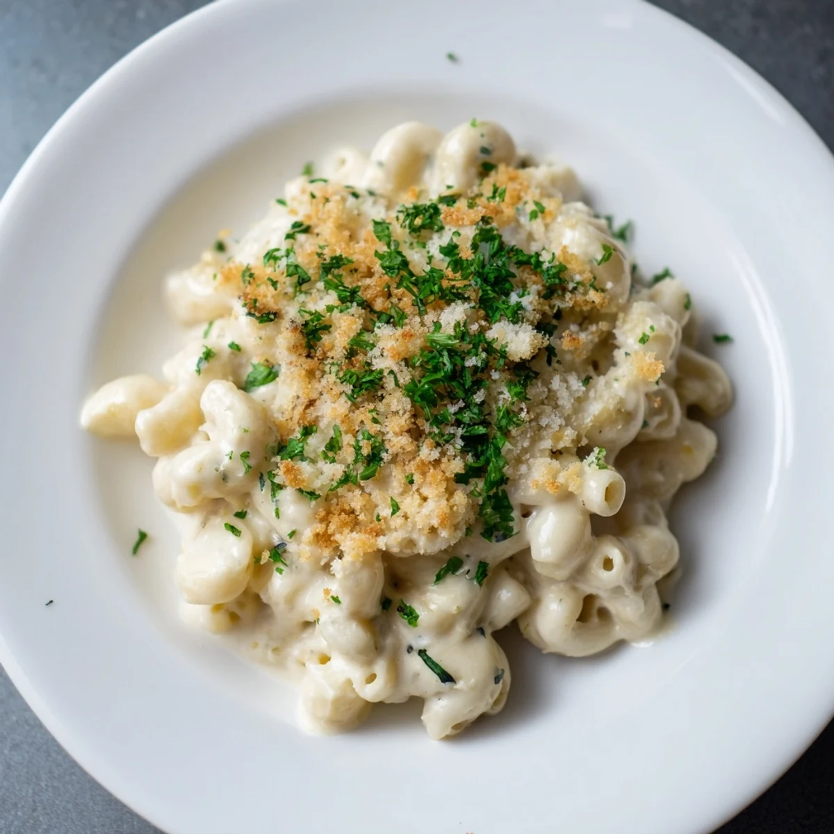 Creamy truffle macaroni and cheese with a crispy, golden breadcrumb topping, perfect for dinner.