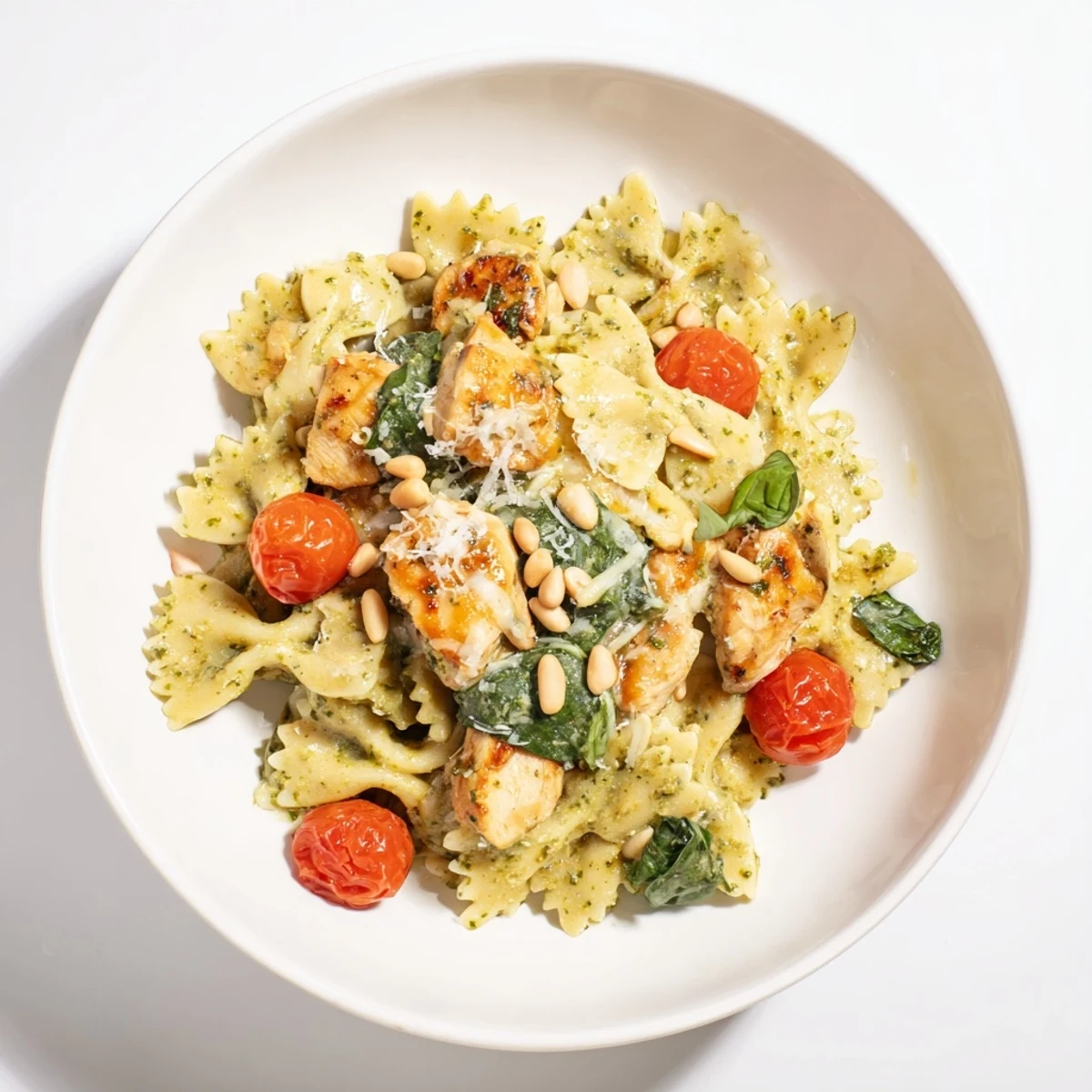 Pesto Chicken Bowtie Pasta: a creamy, vibrant bowl of pasta with tender chicken and fresh pesto.