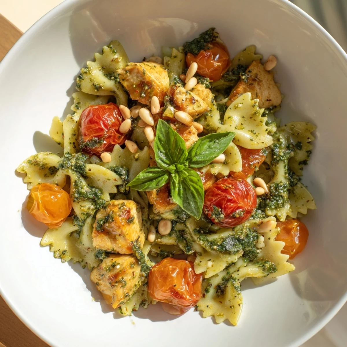 Delicious Pesto Chicken Bowtie Pasta, featuring bright red tomatoes and fresh basil presented beautifully.