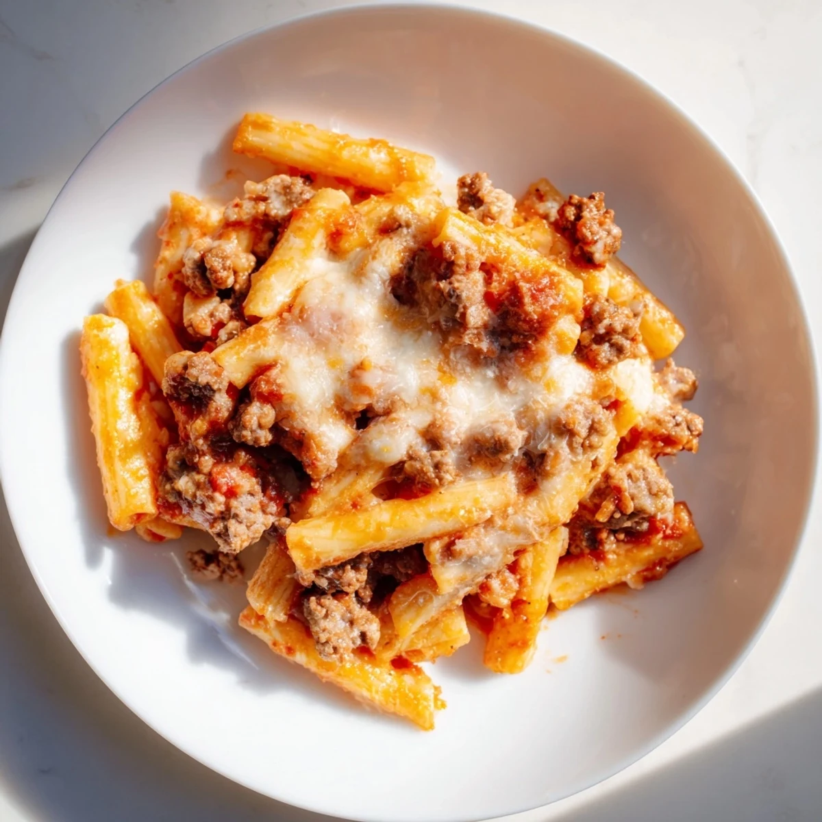 Sizzling, golden Cheesy Beef & Penne Bake with bubbly cheese and tender, flavorful pasta.