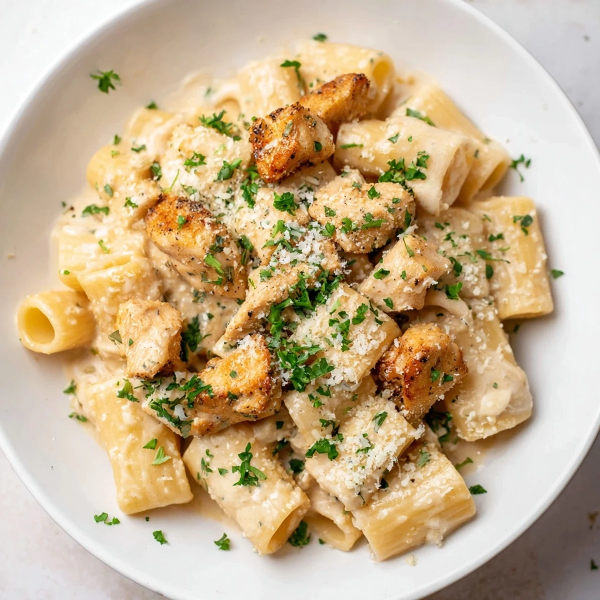 Golden chicken pieces mingling with creamy garlic Parmesan chicken rigatoni, garnished with parsley.