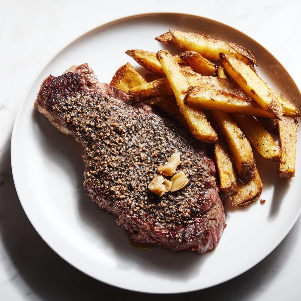 A close-up of a beautifully seared classic peppercorn ribeye, glistening with flavorful juices and peppercorns.