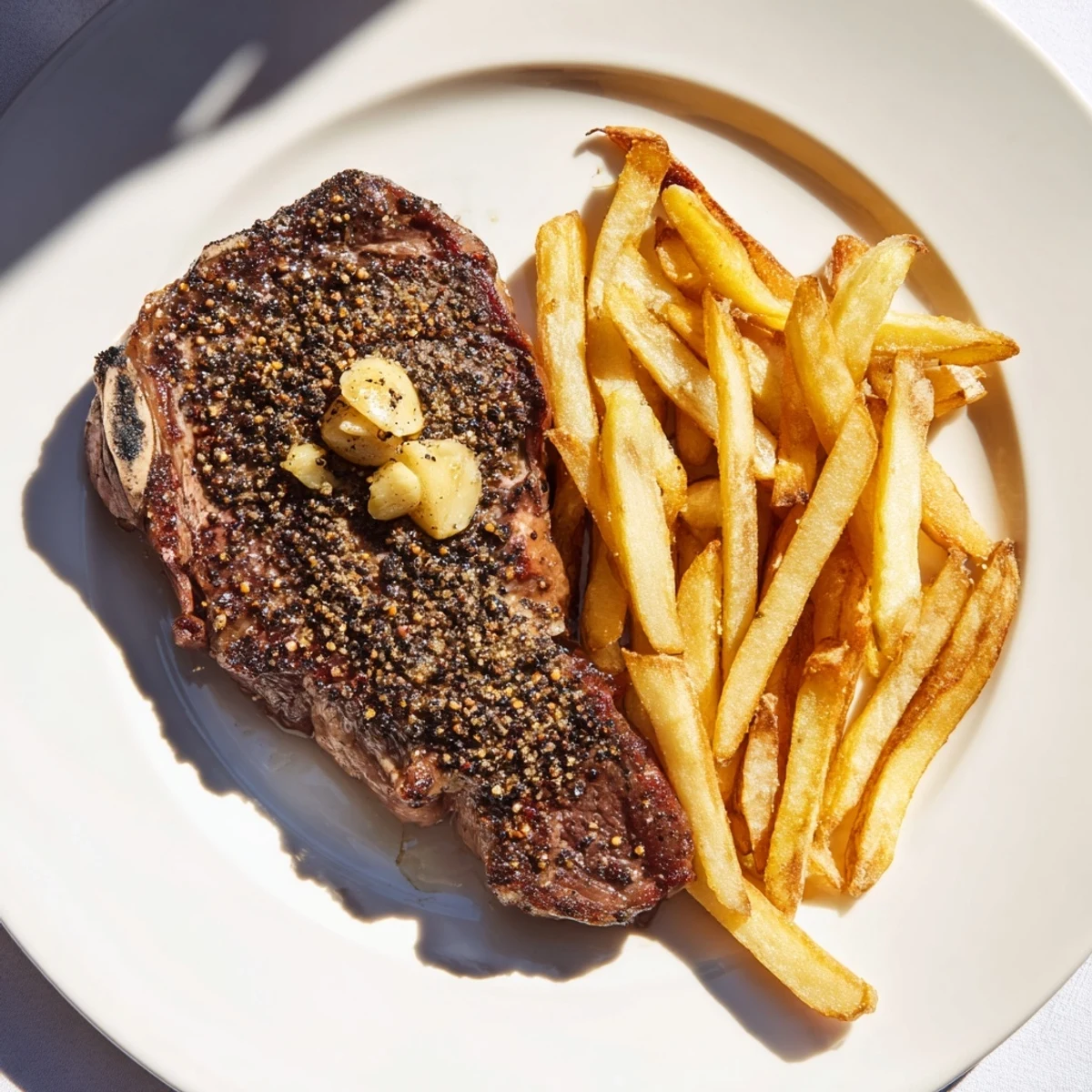 Imagine the aroma! A plate of classic peppercorn ribeye with golden fries, ready for a delicious dinner.