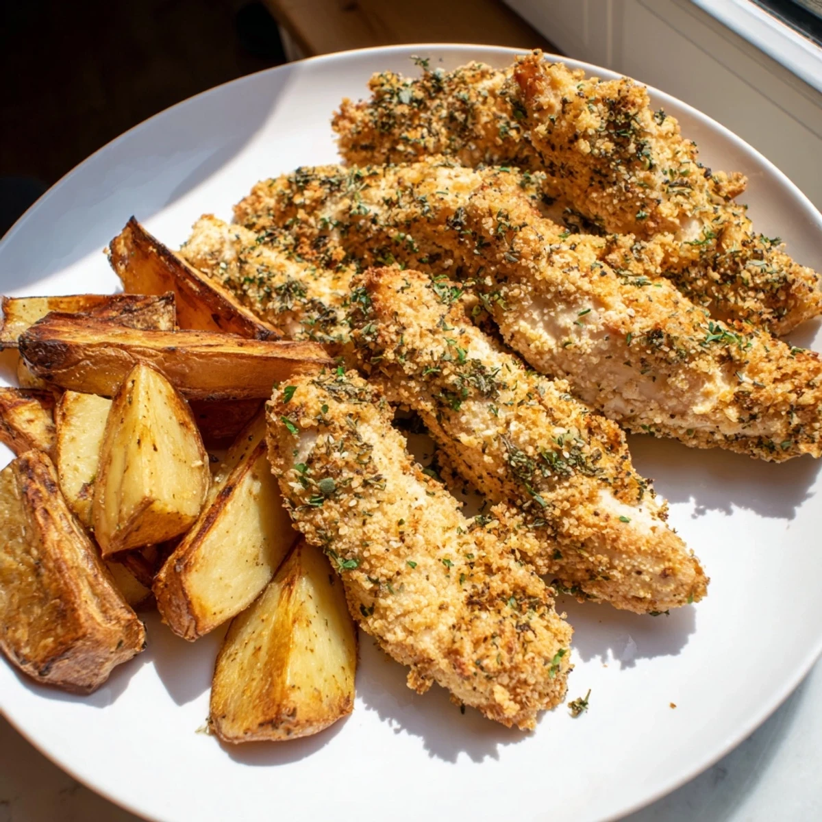 Juicy herbed chicken tenders with a crispy herb coating, served alongside rustic potato wedges.