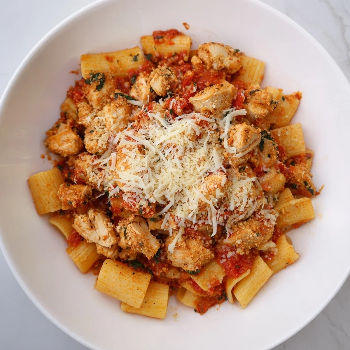 Baked Chicken Parmesan Pasta bubbling with melted mozzarella and a crispy breadcrumb topping.