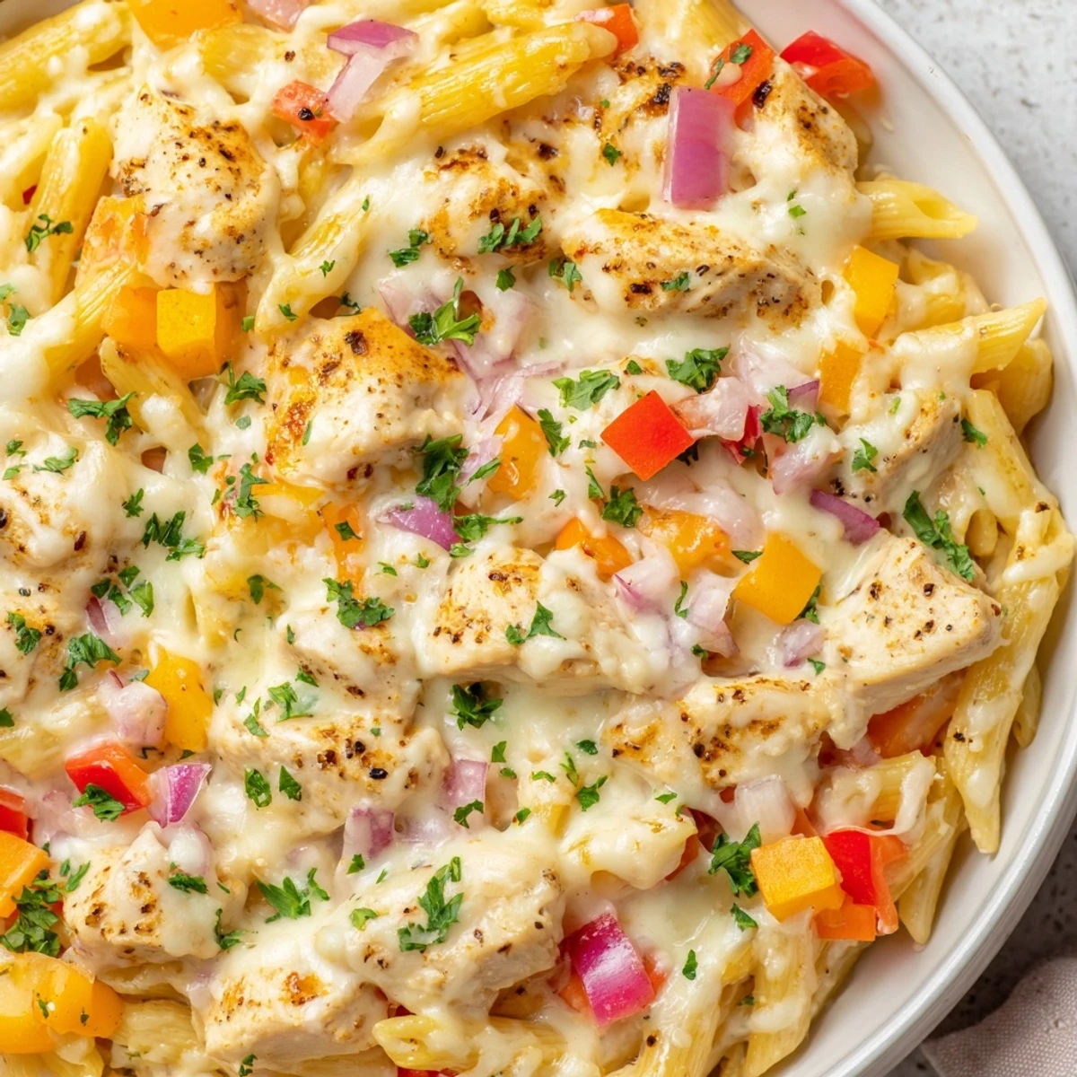 Golden-brown, cheesy Cajun Chicken Pasta Bake with colorful peppers and herbs, promising a flavorful bite.