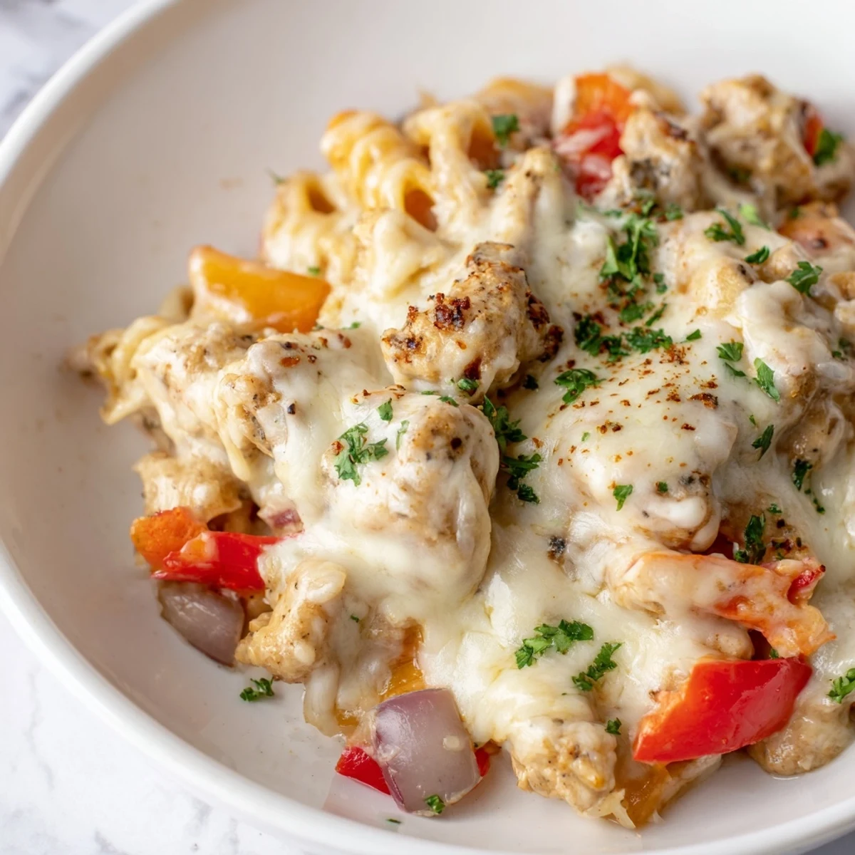 A warm, delicious image of Cajun Chicken Pasta Bake; creamy pasta and tender chicken combine for a delightful dinner.