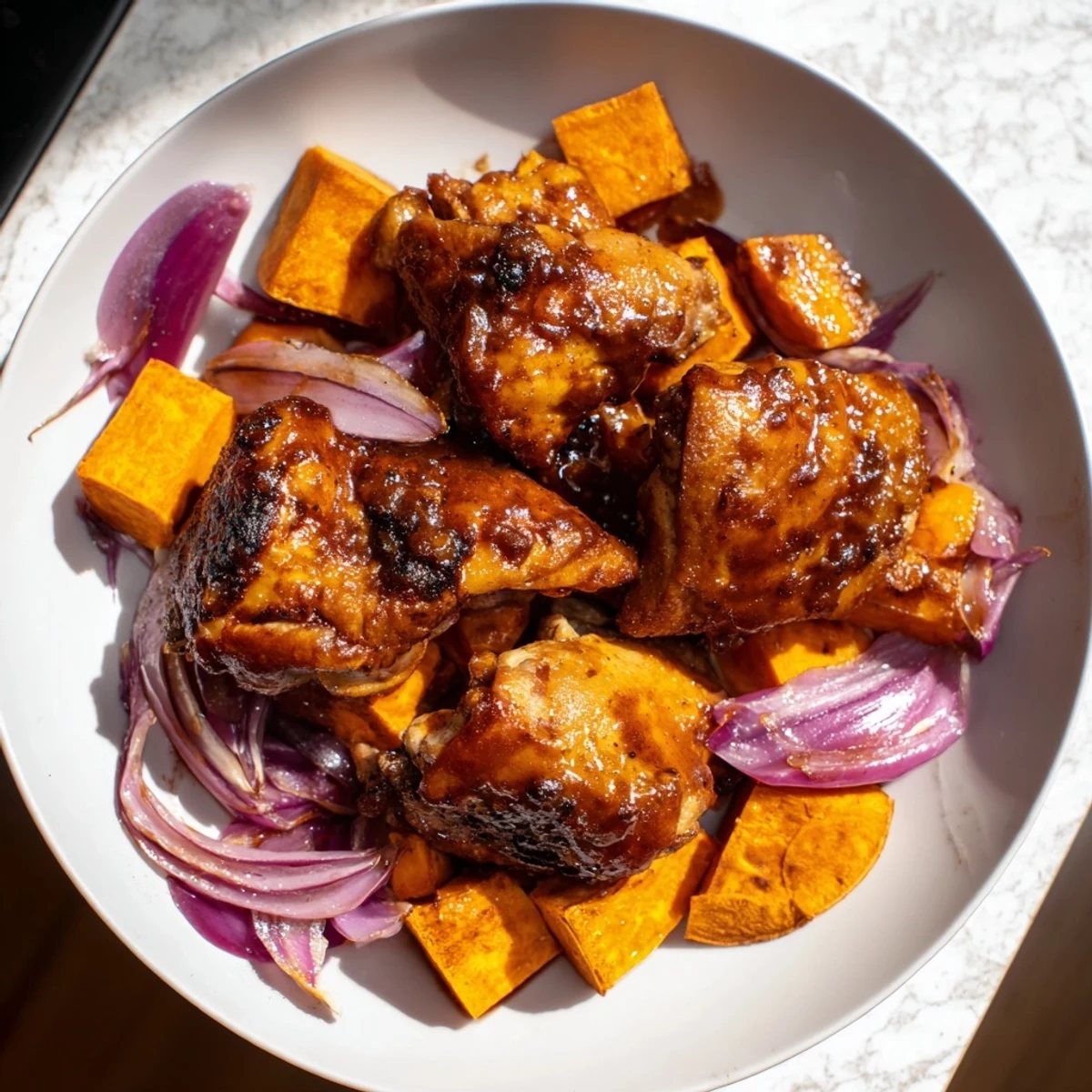 Golden-brown Maple Glazed Chicken & Sweet Potato Bake with tender vegetables and a glistening glaze.