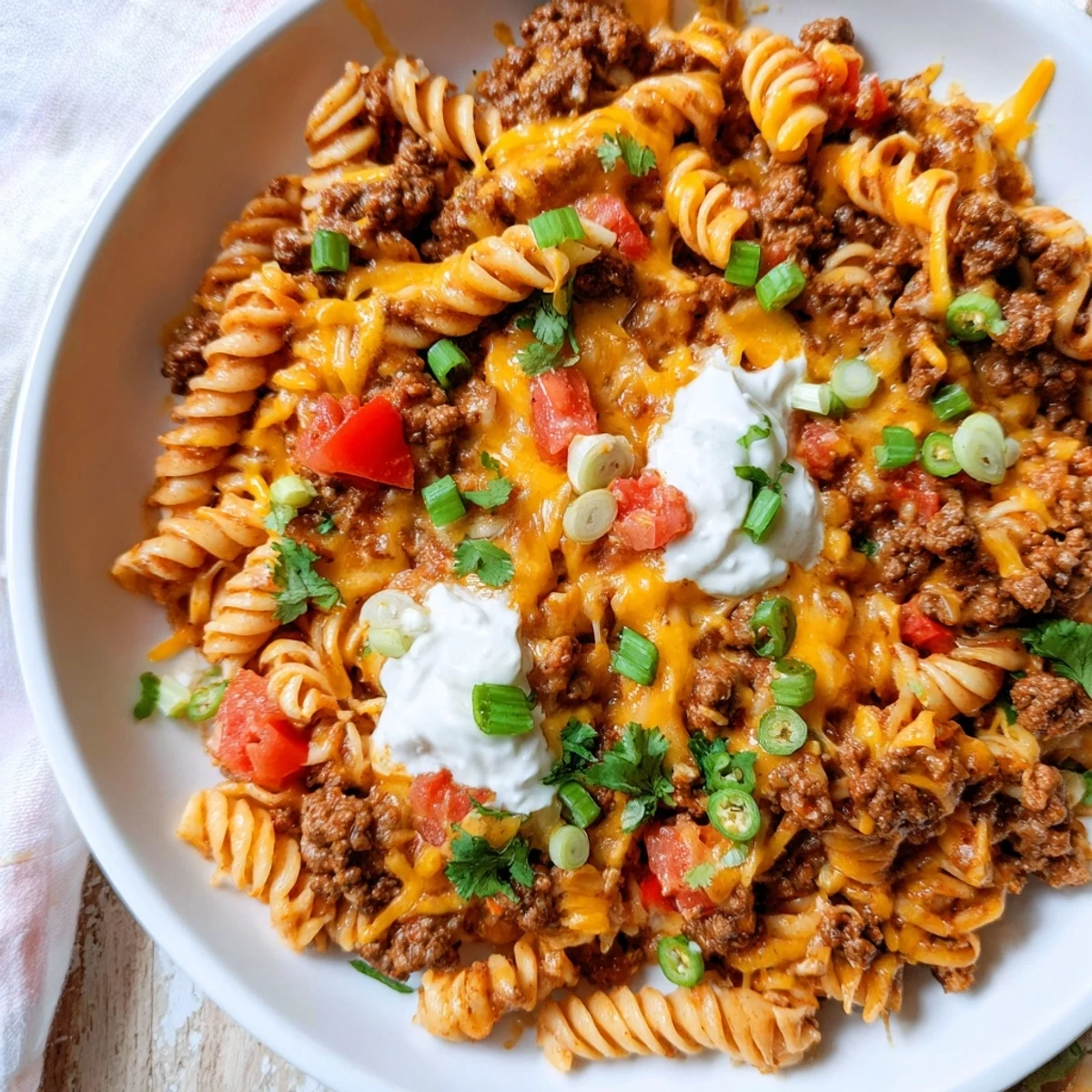 Golden, cheesy Cheesy Taco Pasta Skillet bubbling with melted cheddar, perfect for family dinners.