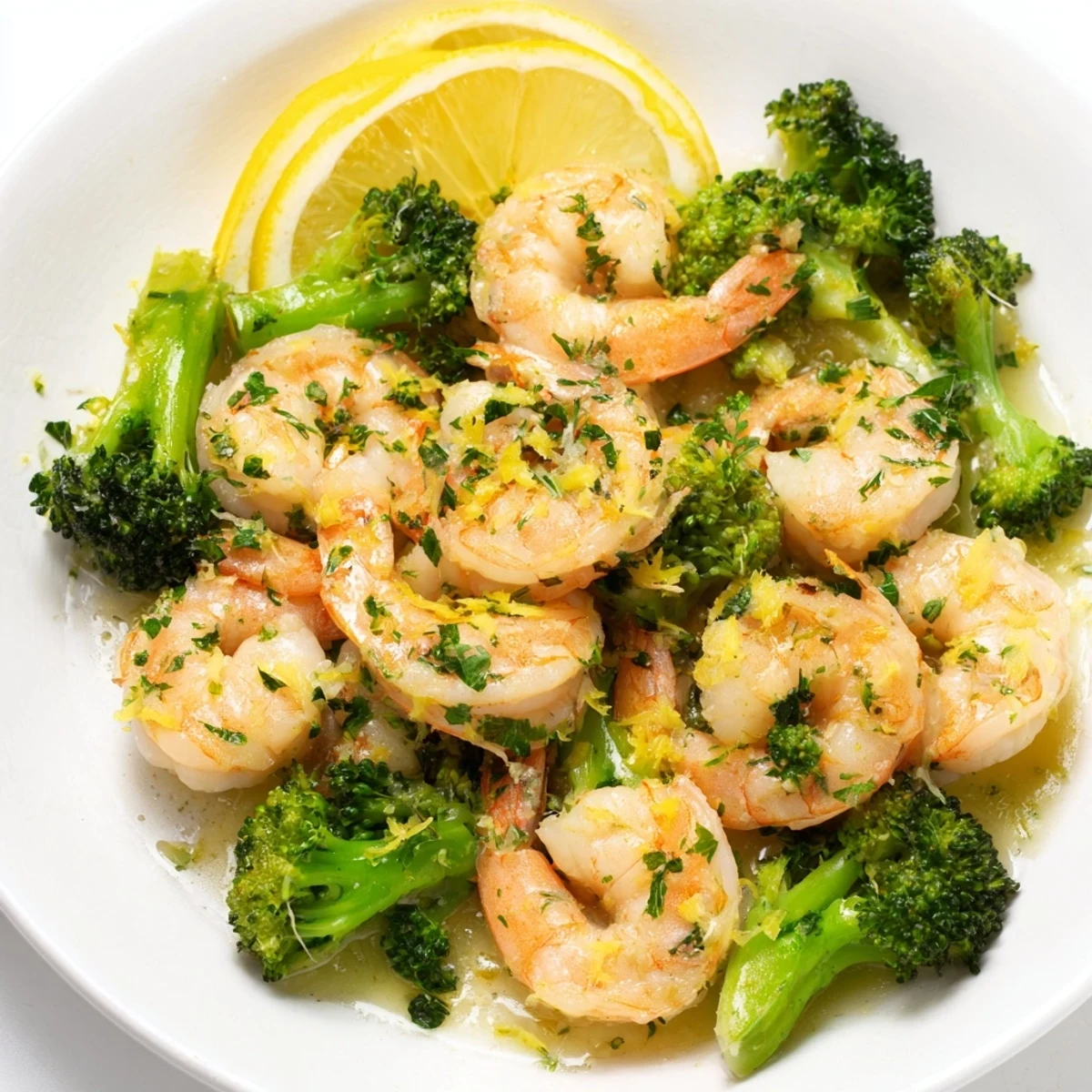 Perfectly plated Lemon Butter Shrimp & Broccoli, garnished with parsley, ready to be served and enjoyed.
