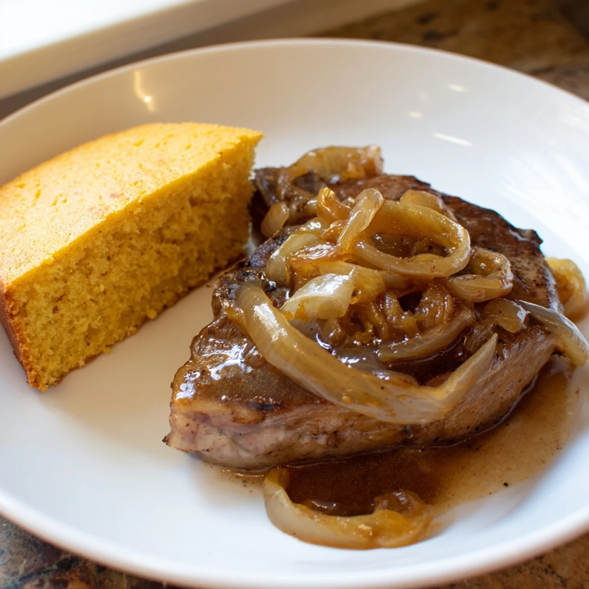 Golden smothered pork chops sit in rich gravy, beside warm, crumbly cornbread, ready to enjoy.