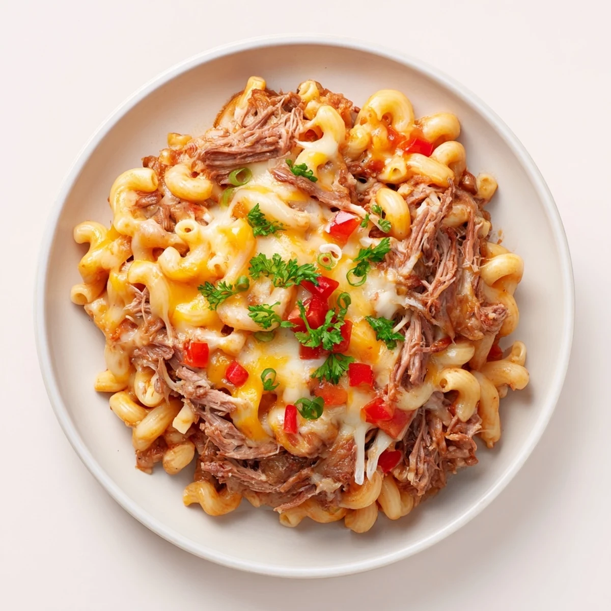 Close-up of a flavorful BBQ Rib Macaroni Skillet, loaded with tender ribs and melted cheese.