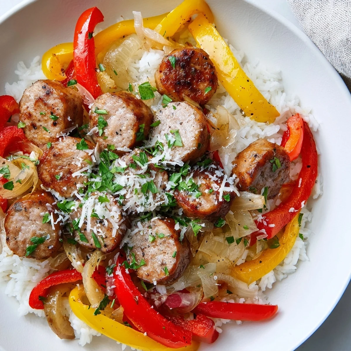 This image shows the comforting Italian Sausage & Peppers Rice Plate, a delightful combination of flavors and textures.