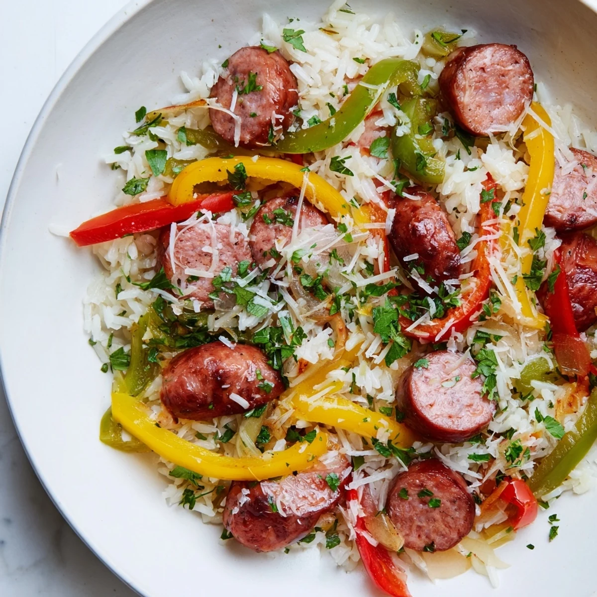 Italian Sausage & Peppers Rice Plate, a colorful and savory one-pan meal, ready to serve with Parmesan.