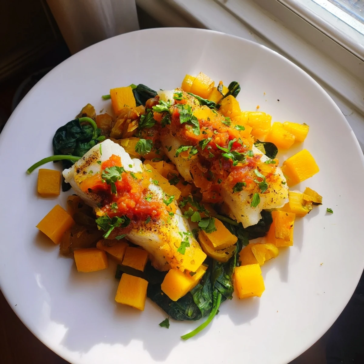 Baked Cod with Butternut Squash & Spinach in Tomato-Herb Sauce, a flavorful Mediterranean-inspired main dish.