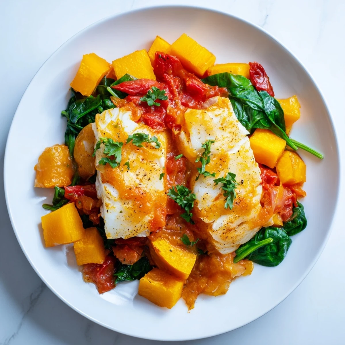 This baked cod recipe features tender fish with vibrant roasted squash and a delicious sauce.