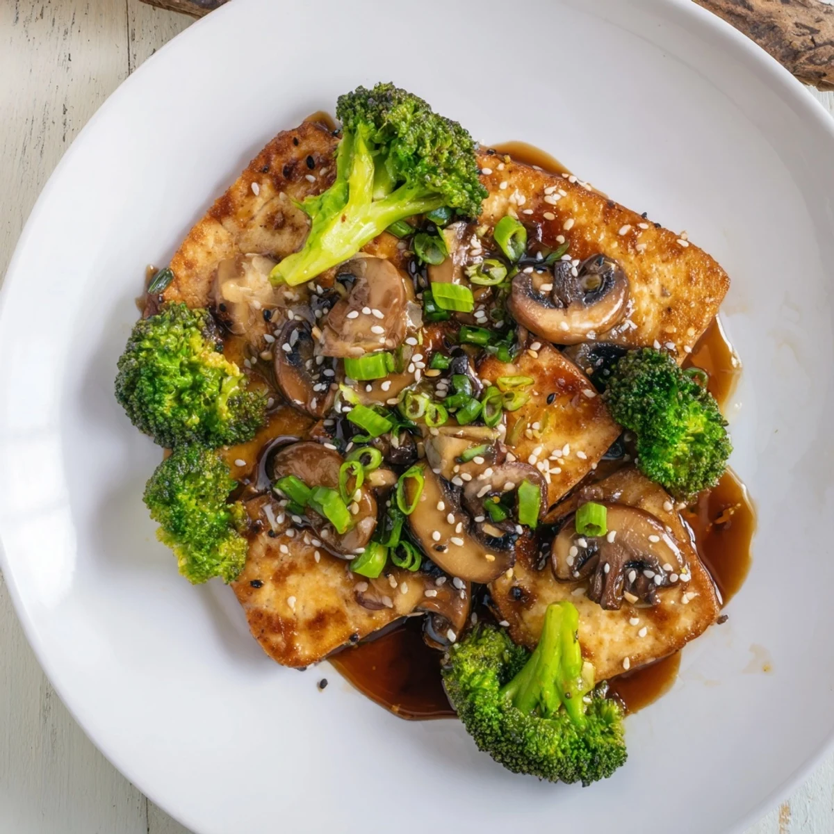 A plate of flavorful sautéed tofu steak, perfectly cooked with a savory soy-garlic sauce.