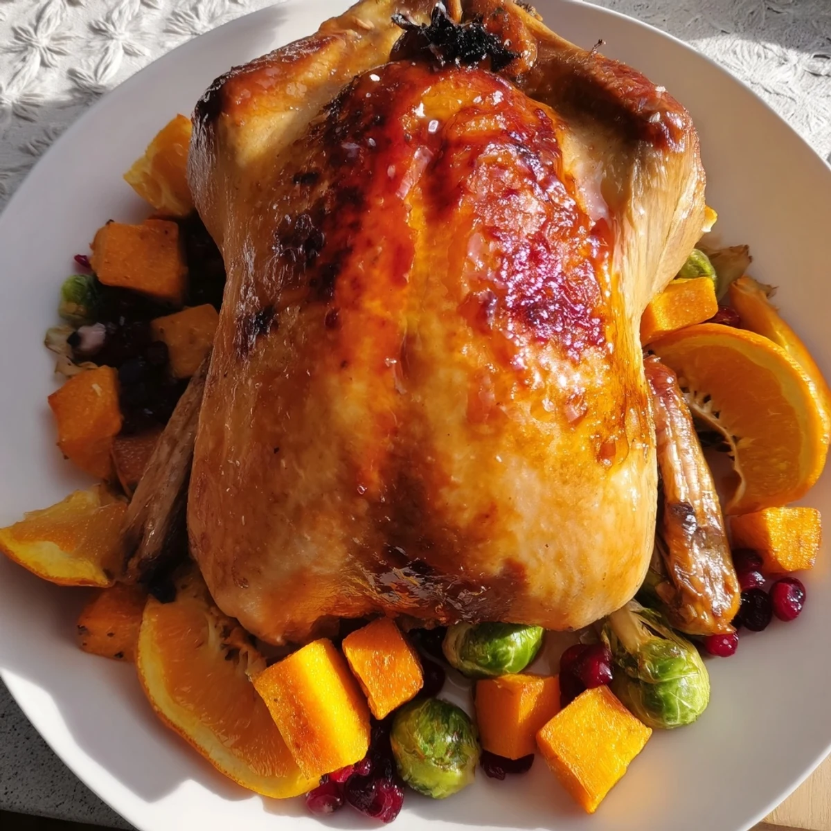 Sheet-pan roasted turkey breast with glistening cranberry glaze, alongside vibrant winter vegetables.