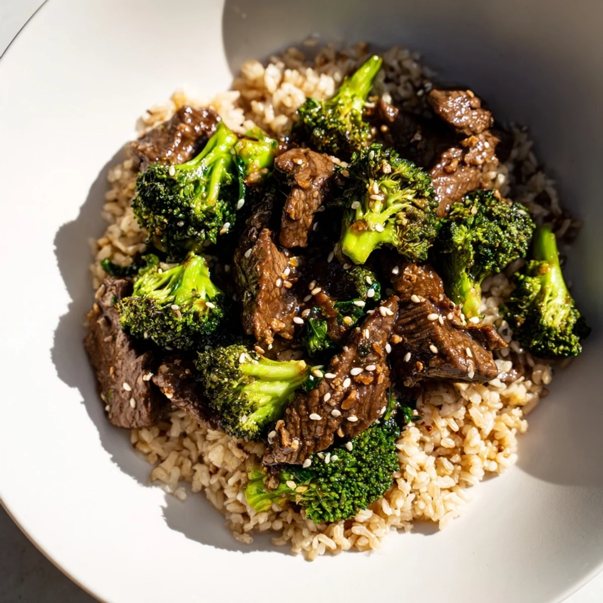 Tender Slow-Cooker Beef & Broccoli with a rich sauce, served with fluffy brown rice and fresh greens.