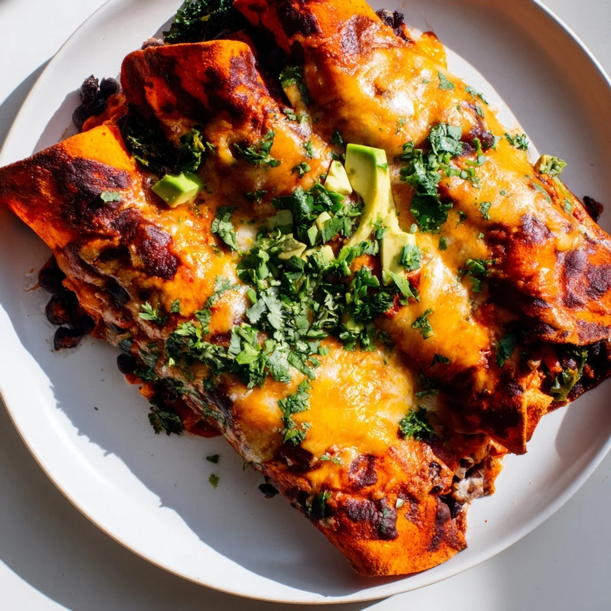 Golden, gooey One-Pan Sweet Potato, Black Bean & Kale Enchiladas, fresh from the oven, ready to serve.