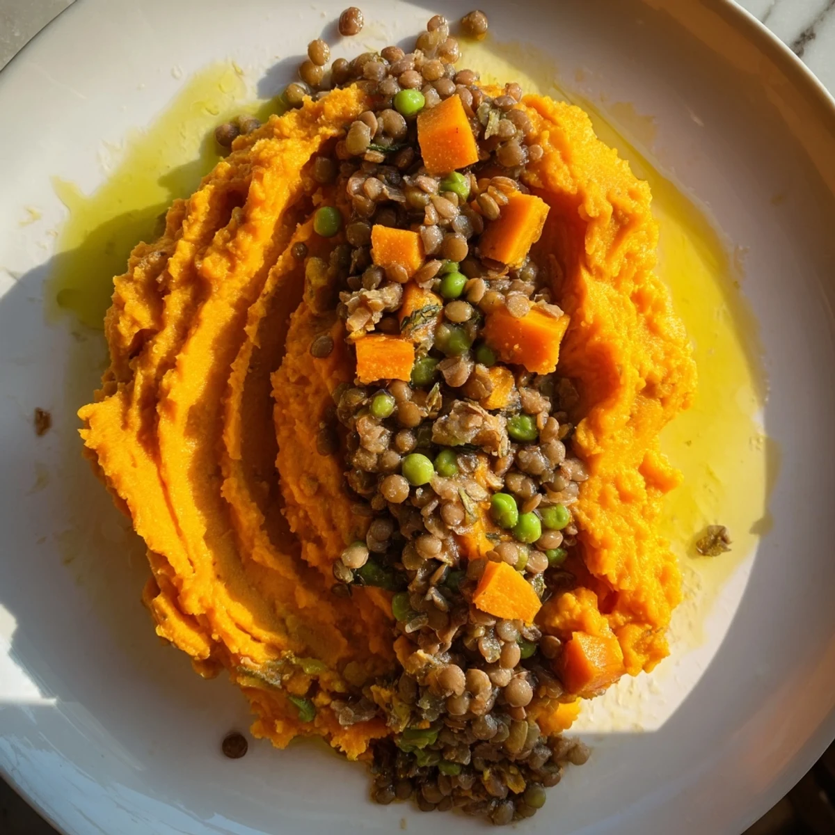 A baked Veggie Shepherds Pie boasts a golden sweet potato top with savory lentil filling.