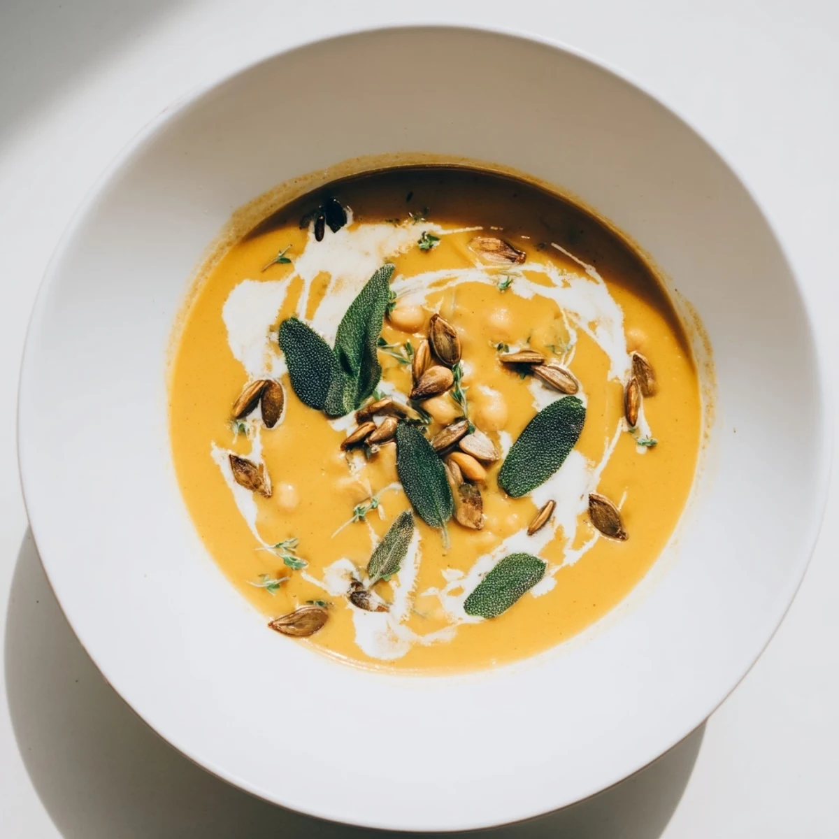Creamy, homemade Chickpea, Pumpkin & Sage Soup, a perfect fall recipe, served in a rustic bowl.