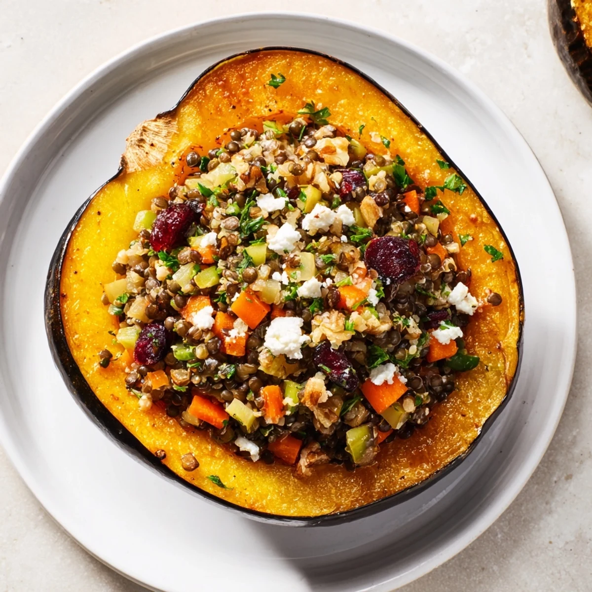Close-up of golden-brown Lentil & Walnut Stuffed Acorn Squash, showcasing the hearty filling.