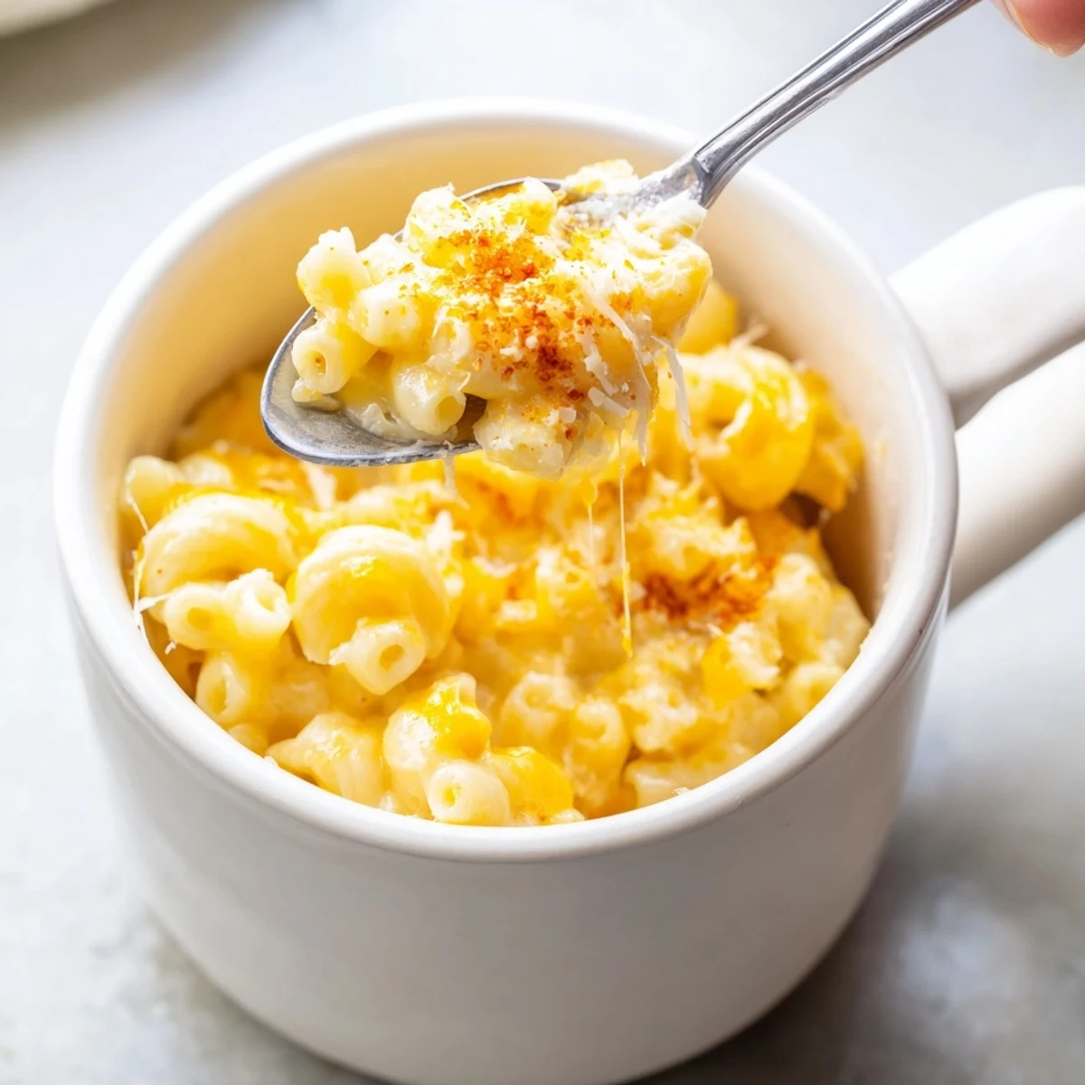 A visually appealing close-up of creamy mug mac and cheese, perfectly portioned for one person.