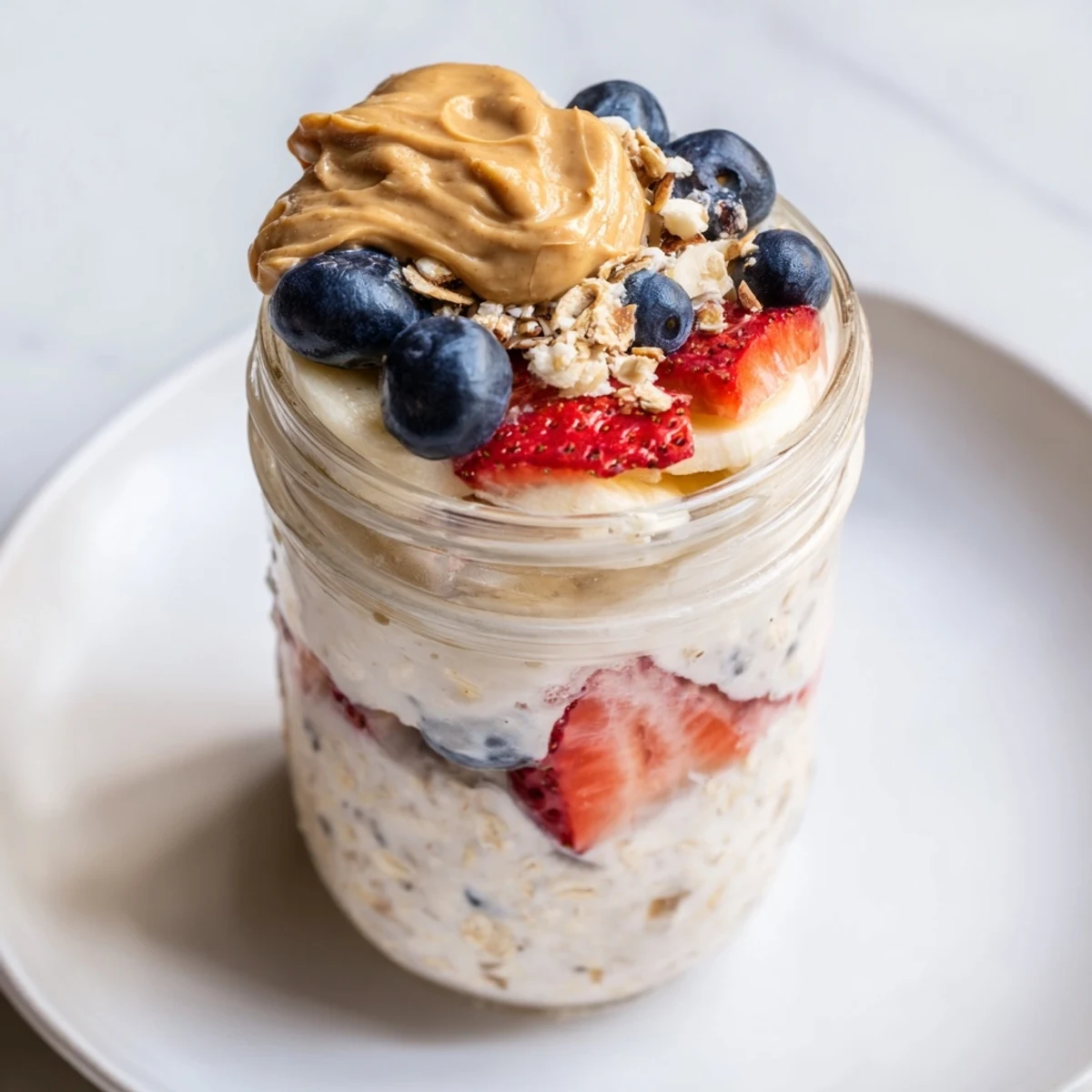 Overnight Oats Jars layered with fresh fruit, creamy peanut butter, and ready for a delicious breakfast.