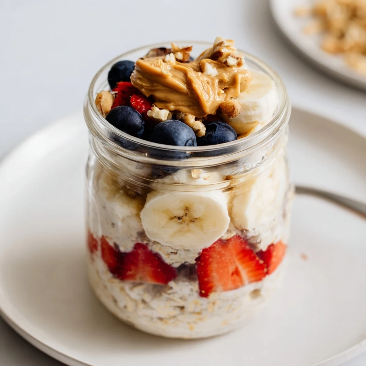 Enjoy a healthy and quick breakfast: colorful, layered Overnight Oats Jars with fruit and peanut butter.