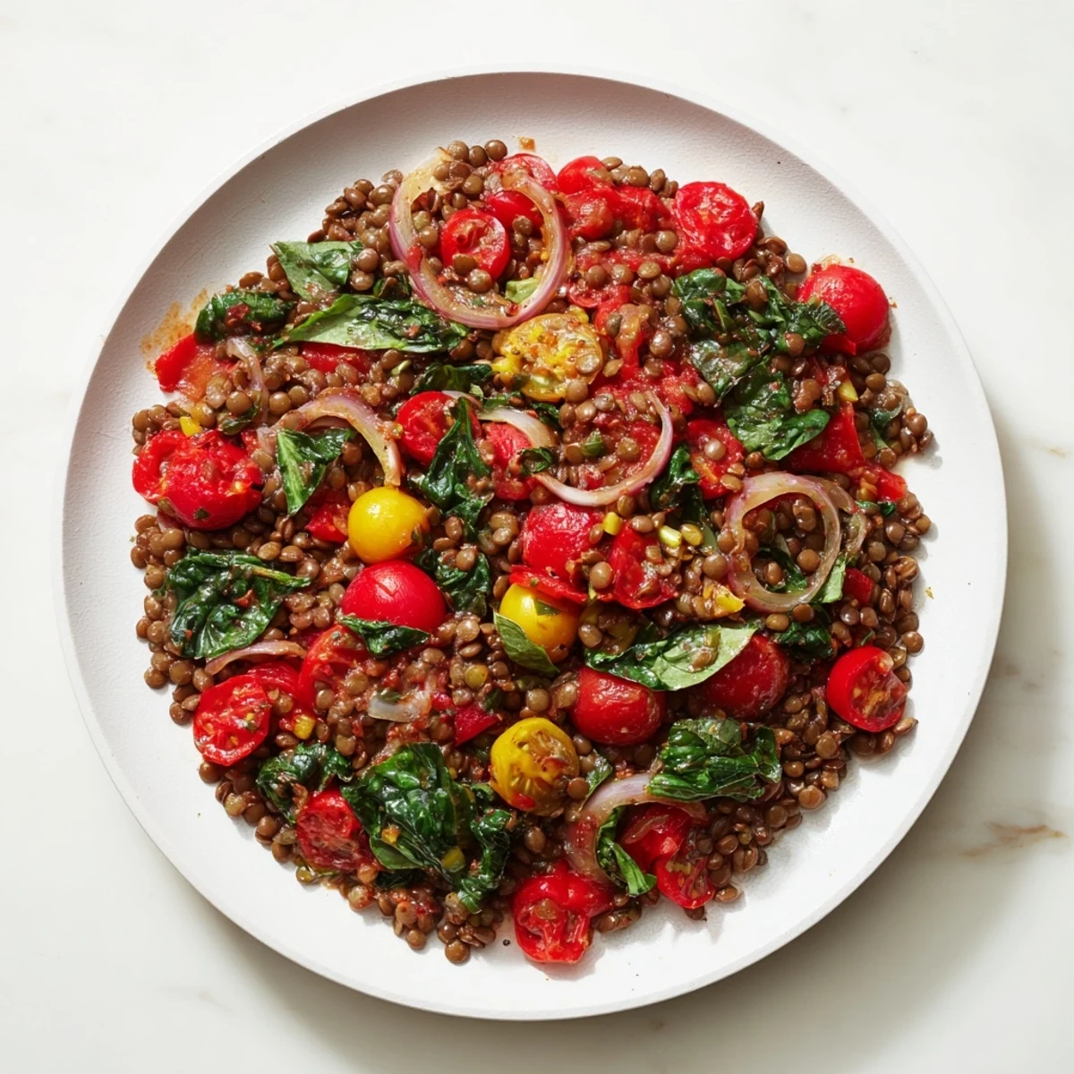 A vibrant Lentil-Tomato Skillet, showcasing tender lentils and juicy tomatoes with fresh herbs.