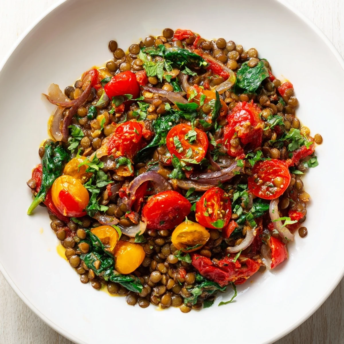 Warm, colorful Lentil-Tomato Skillet with herbs, ready to serve with crusty bread for dinner tonight.