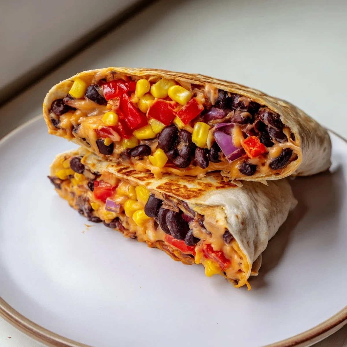 Savory tortilla wrap hack: a layered delight of beans, cheese, and vegetables baked until golden.