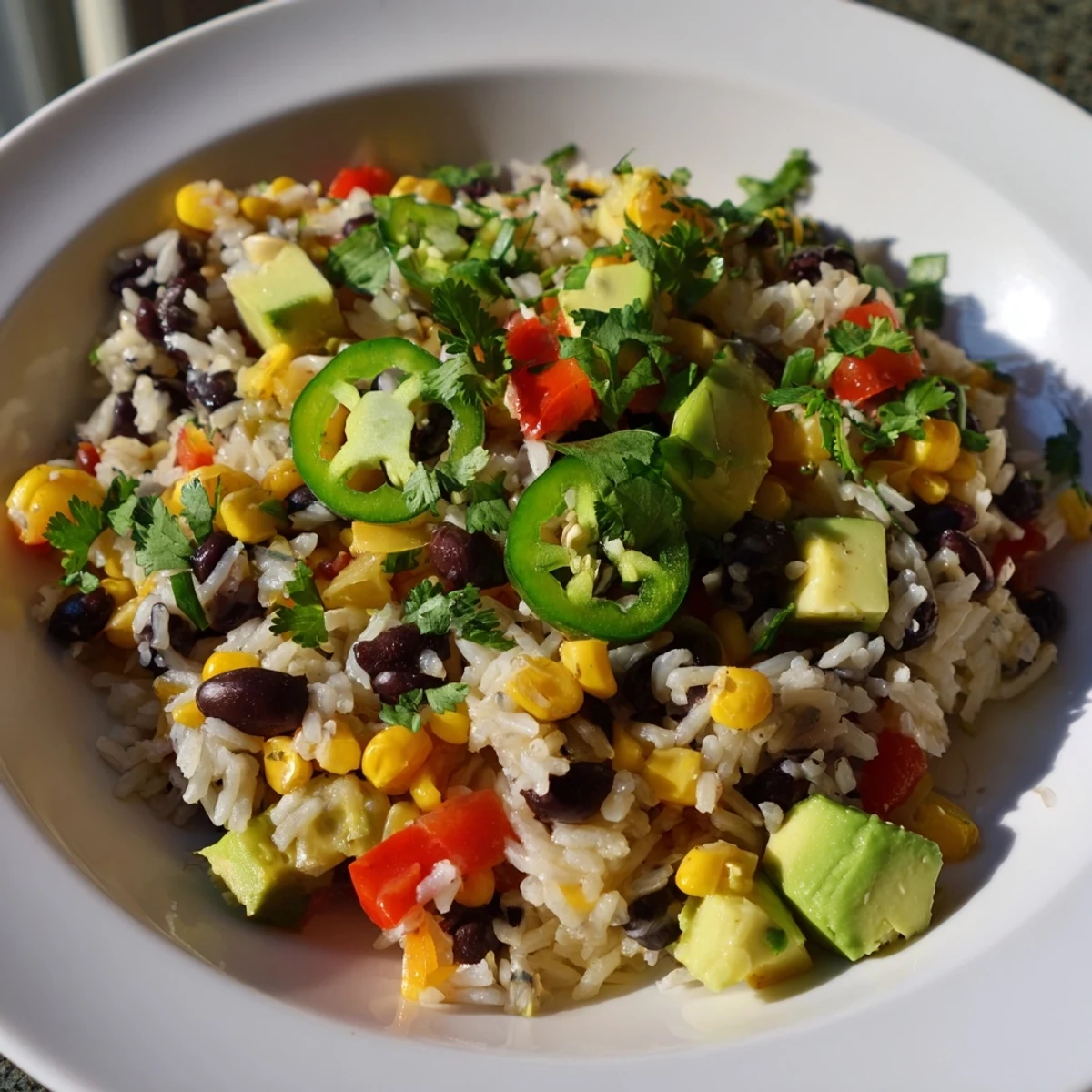 A hearty bowl of One-Pot Mexican Rice & Beans, with colorful bell peppers and flavorful spices.