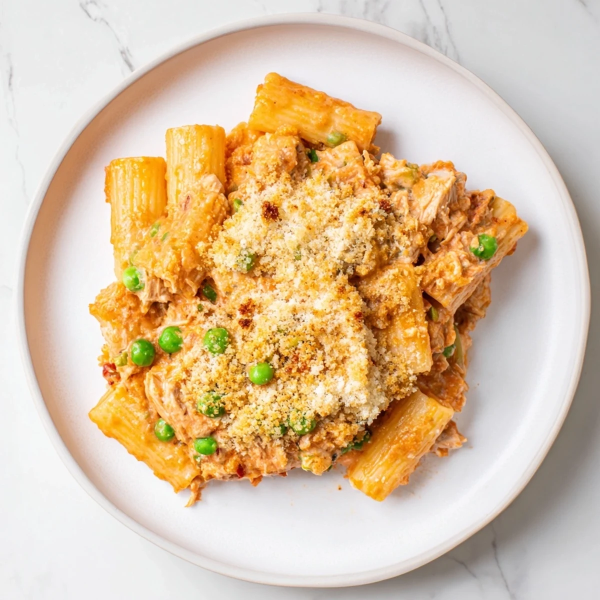 Cheesy, baked tuna pasta with peas, a classic family meal, is perfect for a weeknight.