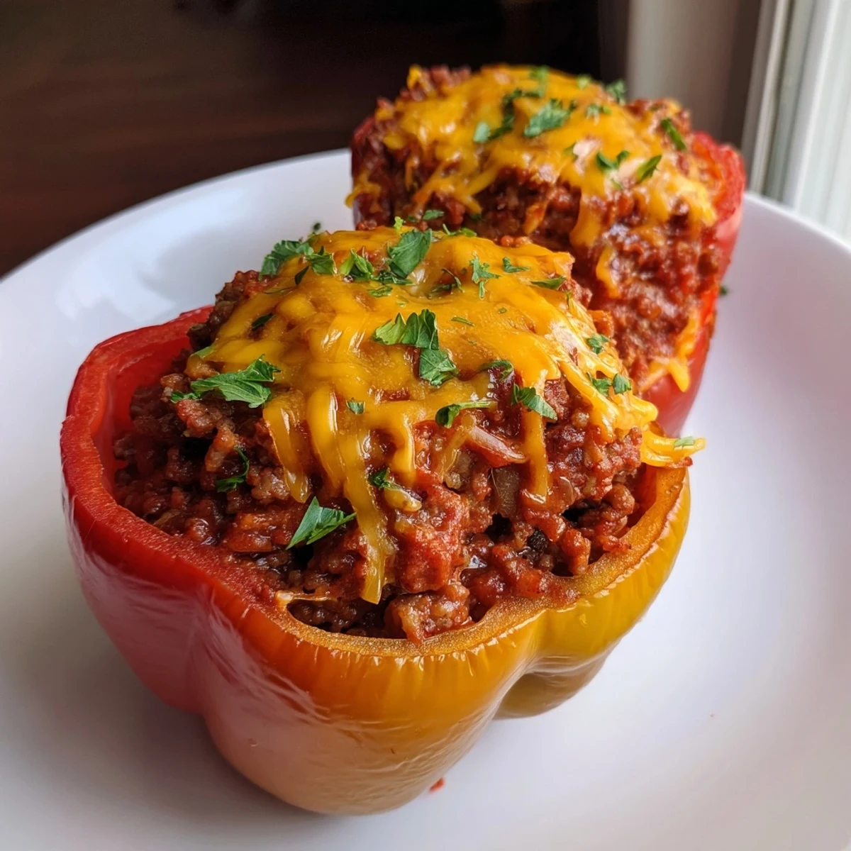 Spoonful of rich Sloppy Joe filling inside vibrant bell peppers ready to bake and enjoy.