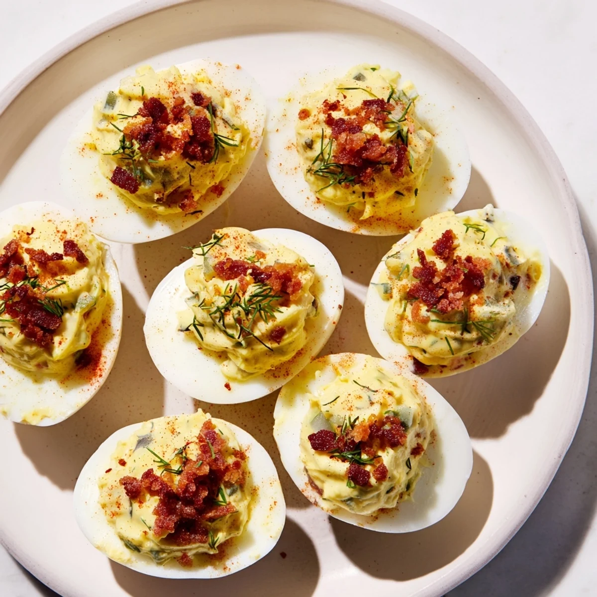 Close-up of savory loaded deviled eggs: bacon and herbs over seasoned yolk filling.