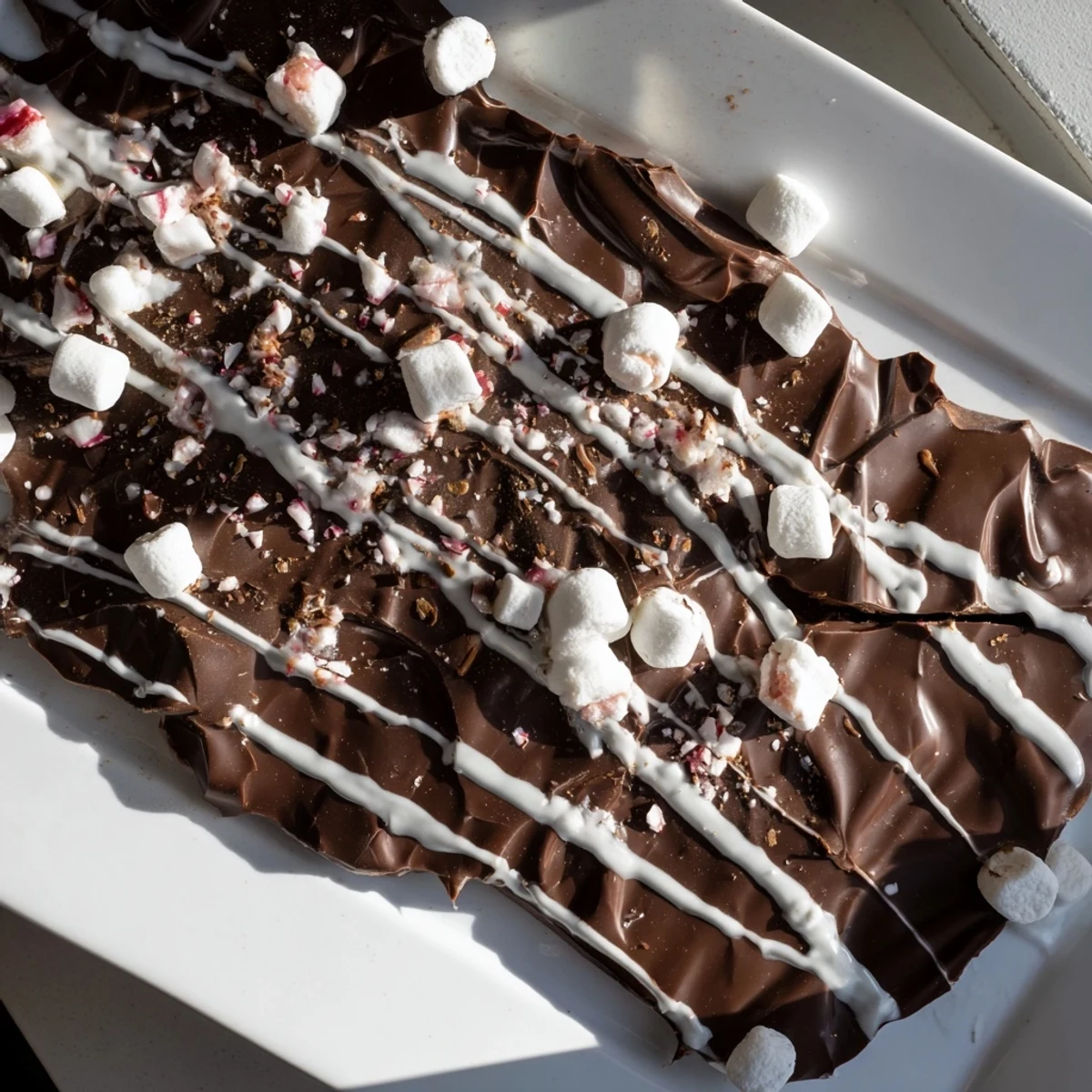 Festive Hot Chocolate Bomb Bark, a decadent dessert, sprinkled with mini marshmallows and peppermint pieces.