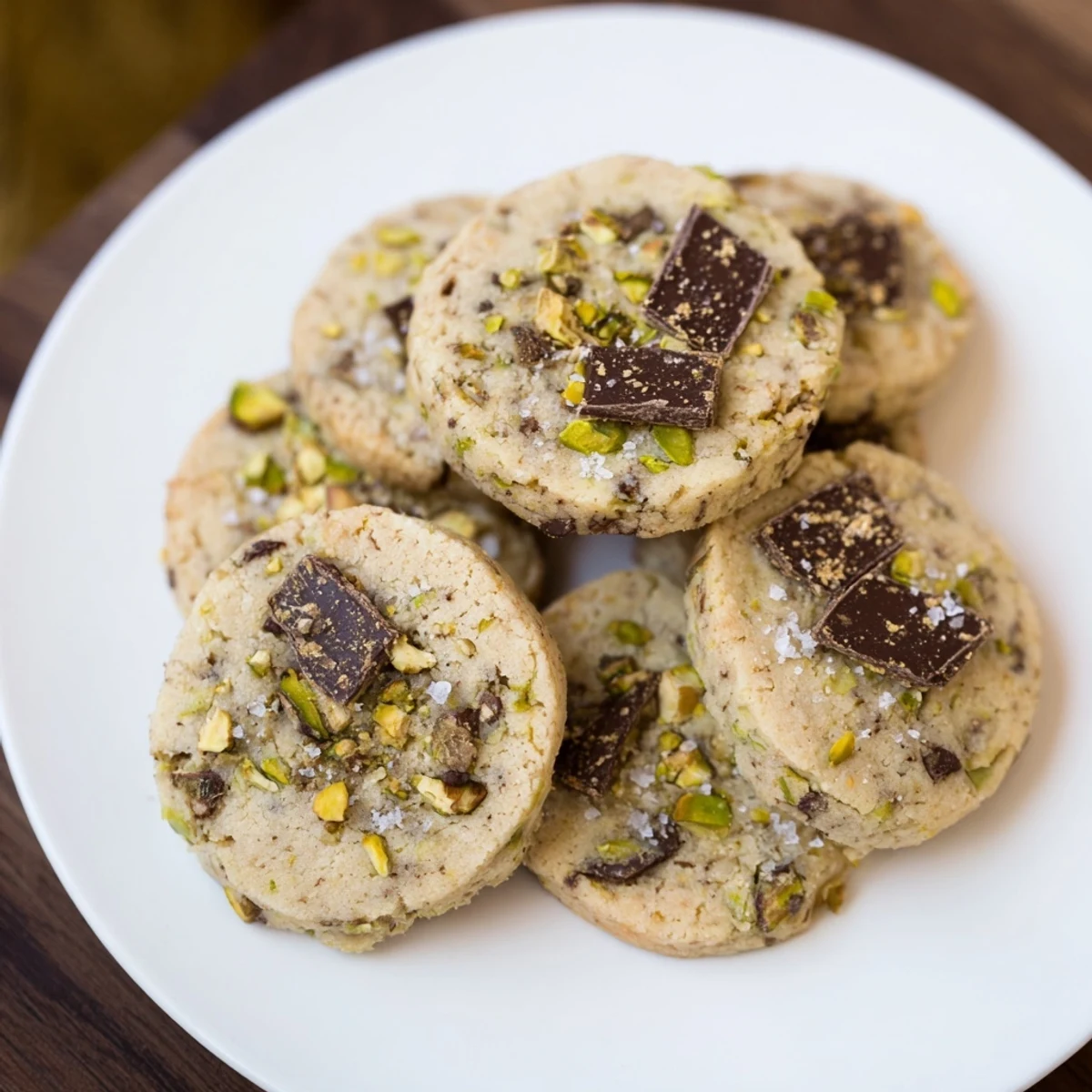Imagine the texture: A delicious bite of buttery salted pistachio chocolate chunk shortbread cookies, perfect with coffee.