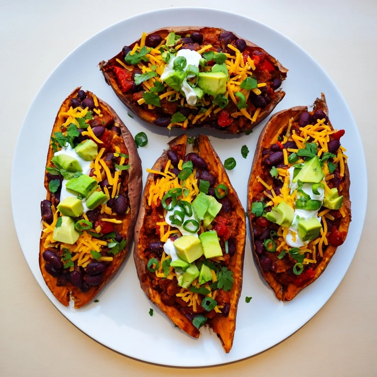 Steaming, baked Savory Baked Sweet Potato Chili Boats filled with colorful bean chili, ready to eat.