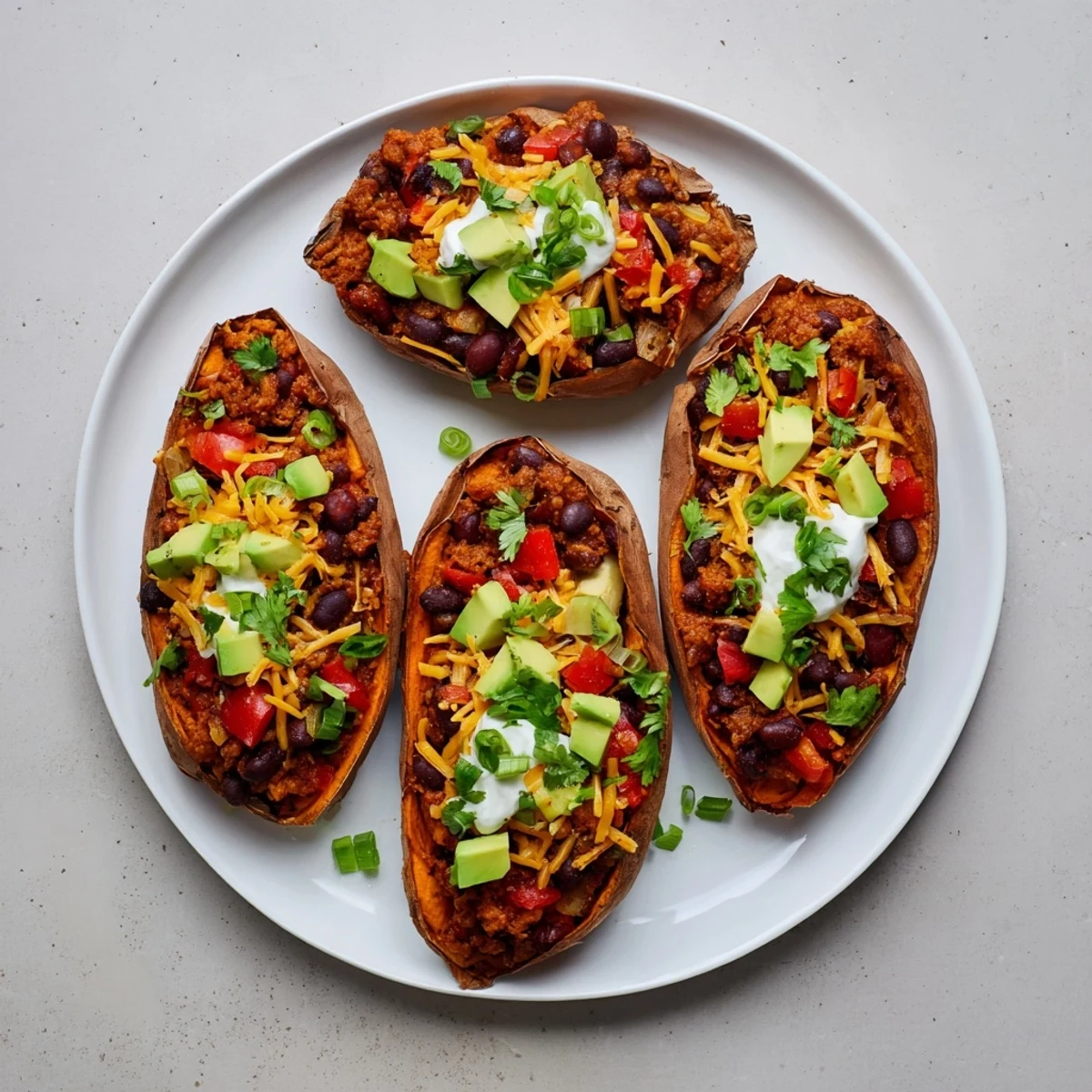 Golden-baked sweet potatoes overflow with savory chili in these delicious, hearty Chili Boats.