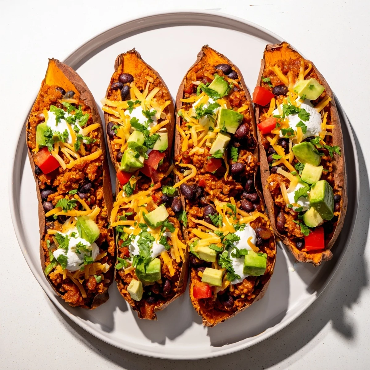 A close-up of a tender Savory Baked Sweet Potato Chili Boat, overflowing with a bean-filled chili.
