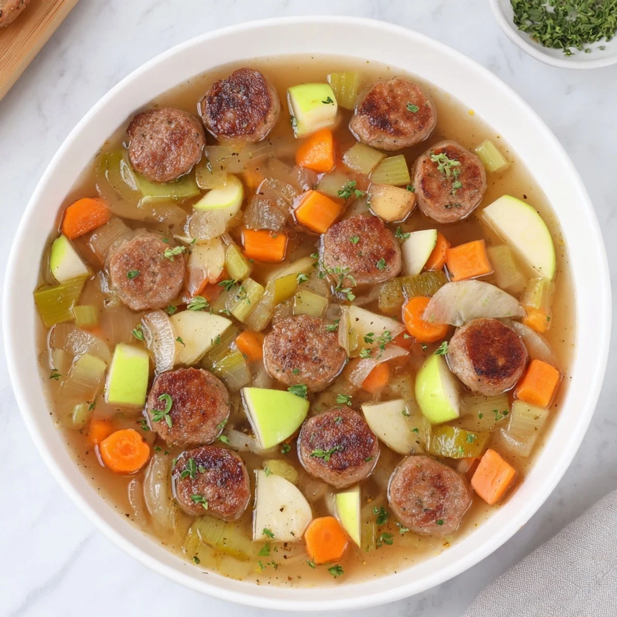 A delicious view of the vibrant colors in this stovetop sausage, celery, and apple hotpot meal.