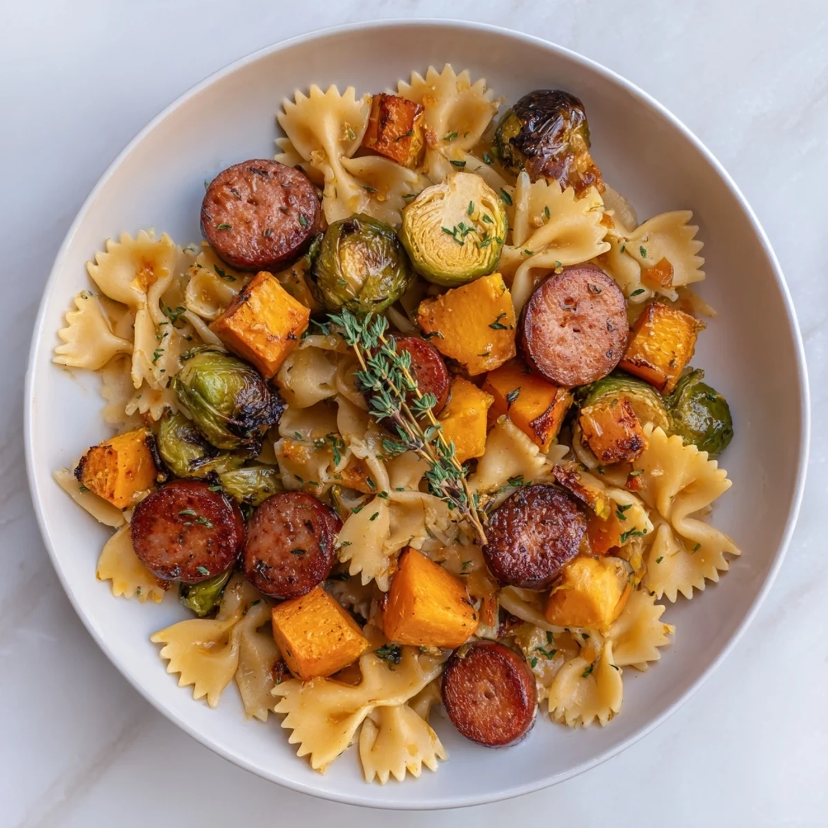 Golden-brown Autumn Sausage Pasta Squash, perfectly combined with roasted butternut squash and crispy sprouts.